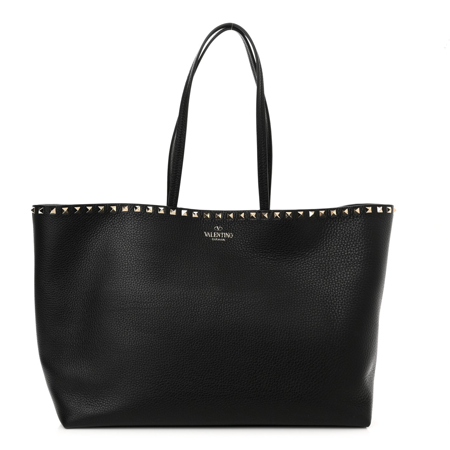 Grained Calfskin Rockstud Shoulder Tote Black