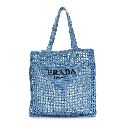 Prada Yarn Raffia Effect Crochet Logo Embroidered Tote Bag Celeste 1 of 9