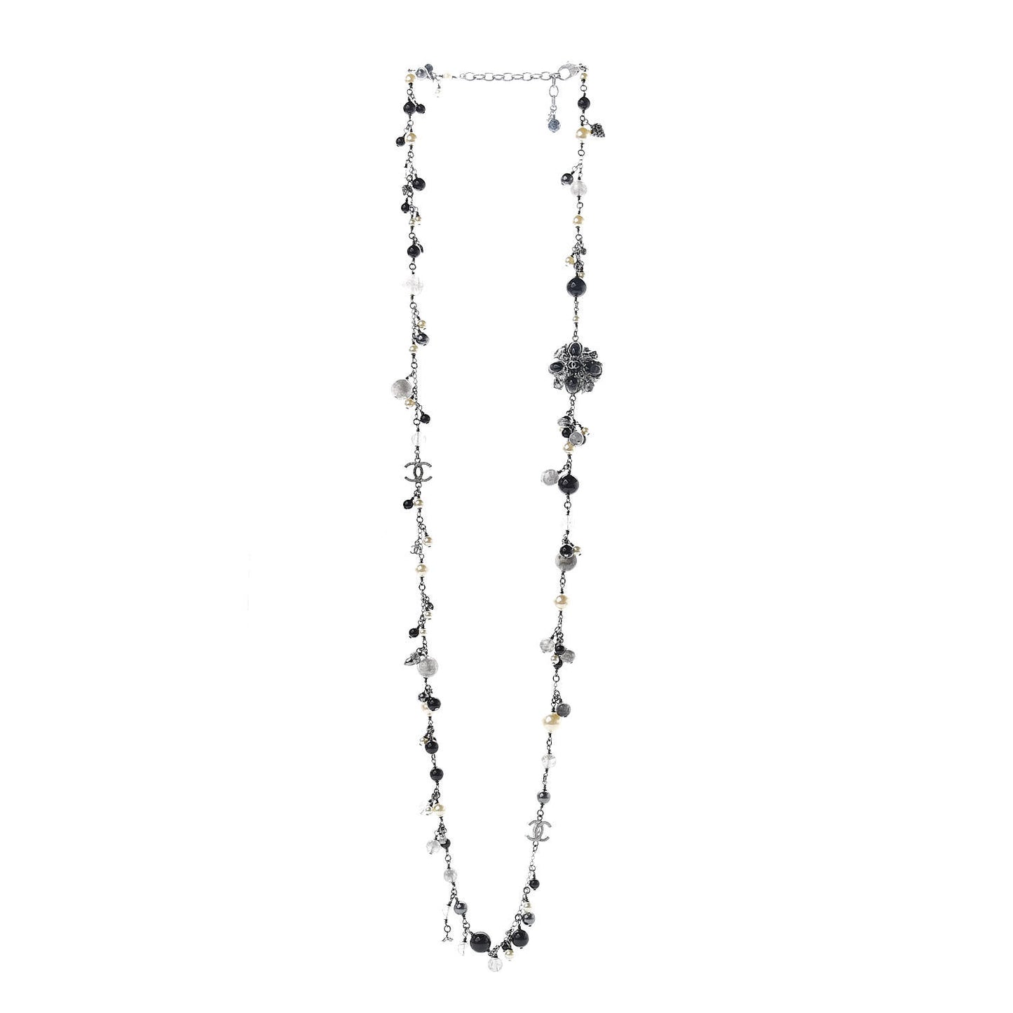 Pearl Crystal Bead CC Long Necklace Black