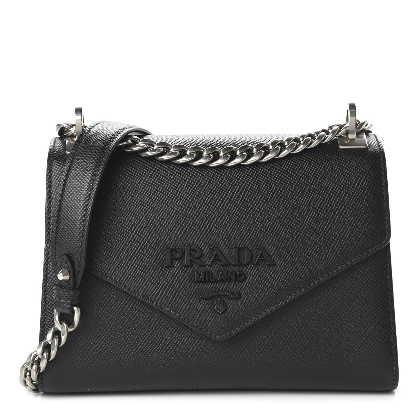 Saffiano Cuir Calfskin Monochrome Envelope Flap Chain Shoulder Bag Black