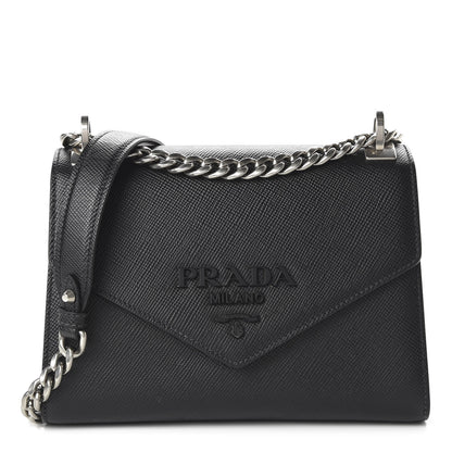Prada Saffiano Cuir Calfskin Monochrome Envelope Flap Chain Shoulder Bag Black 1 of 9