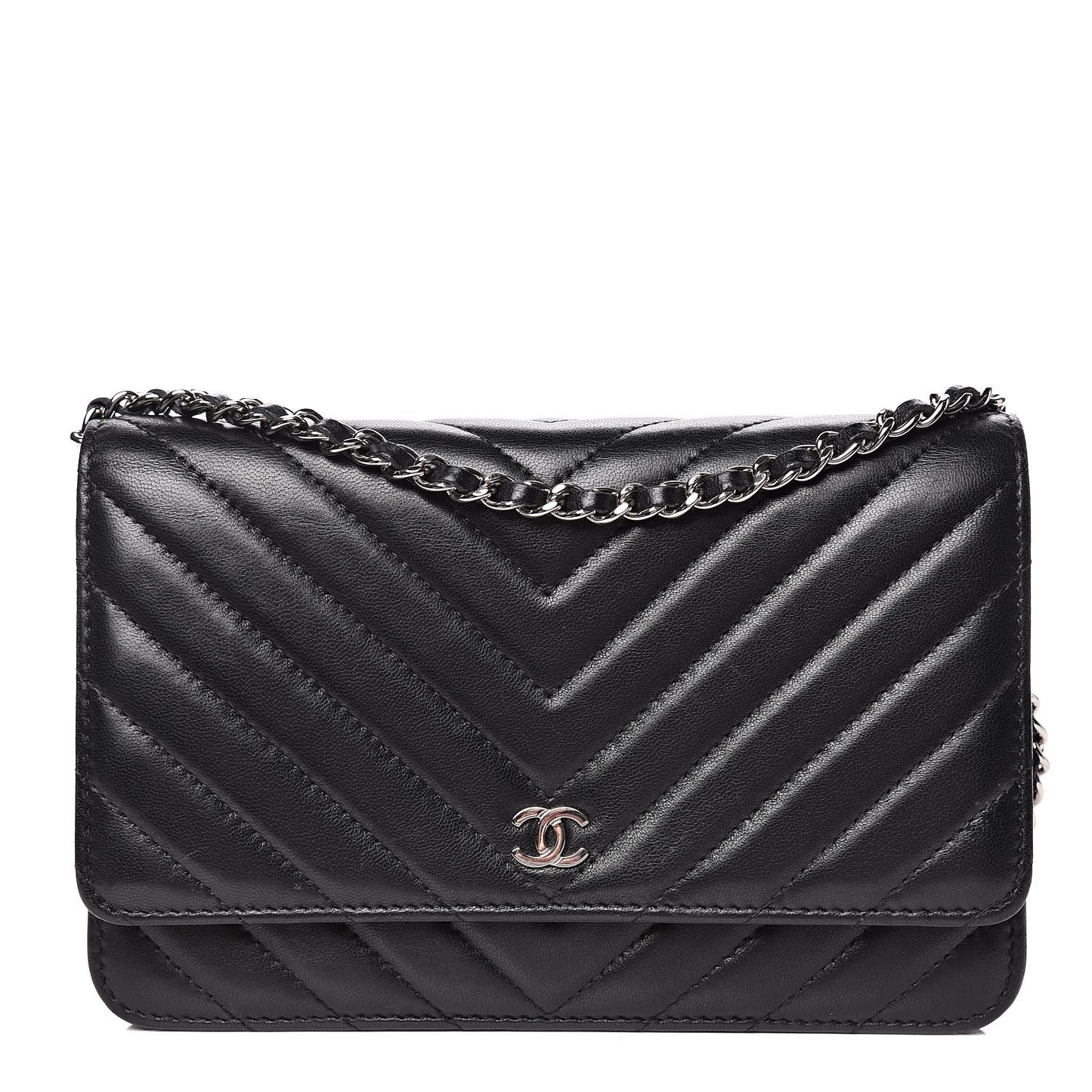 Lambskin Chevron Quilted Wallet On Chain WOC Black