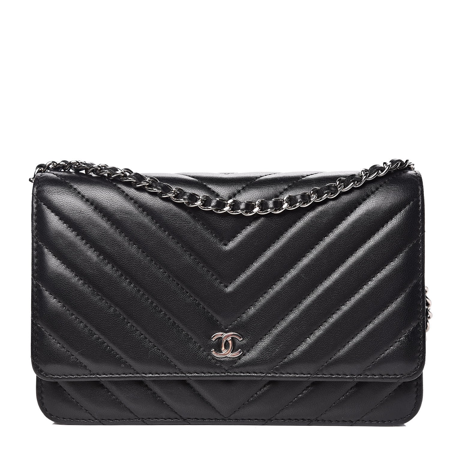 Chanel Lambskin Chevron Quilted Wallet On Chain WOC Black 1 of 14