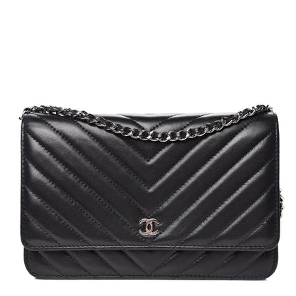 Chanel Lambskin Chevron Quilted Wallet On Chain WOC Black 1 of 14