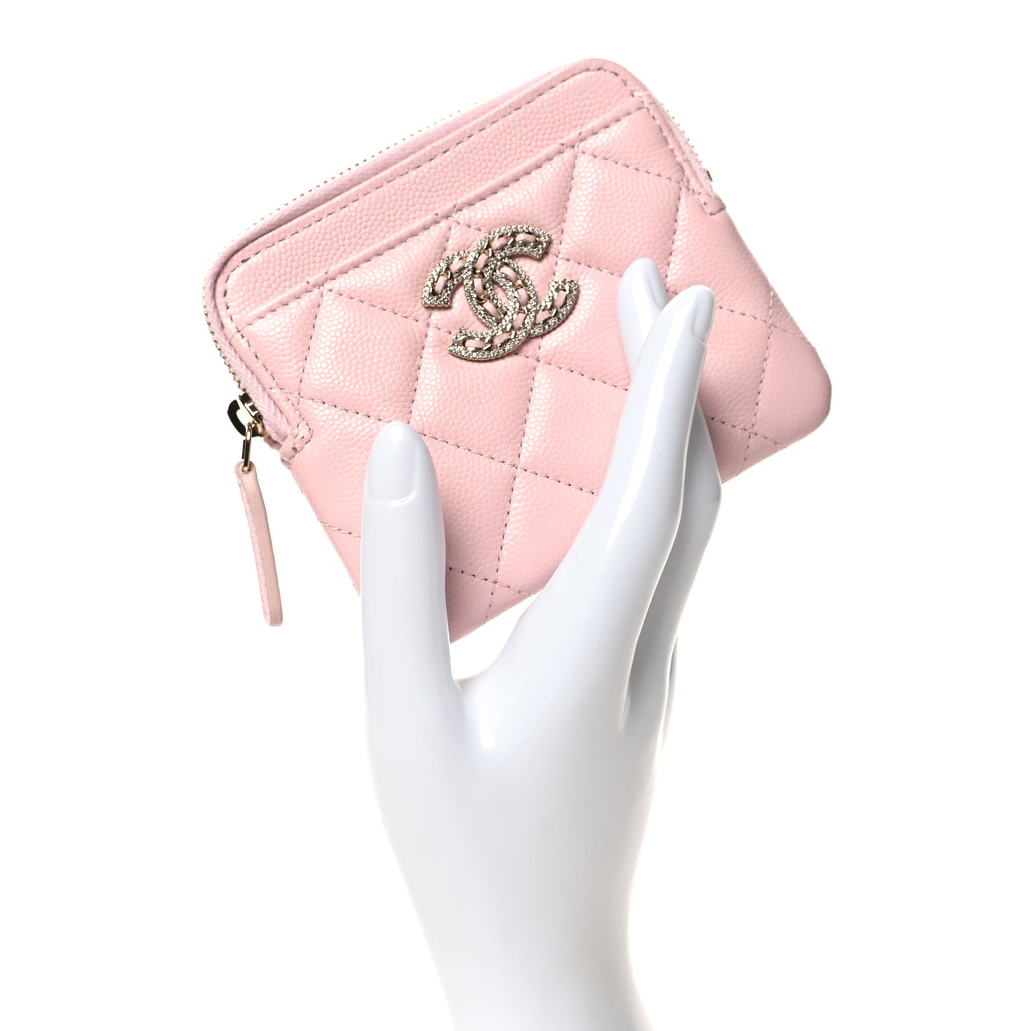 Caviar Quilted Crystal Zip Card Holder Wallet Light Pink