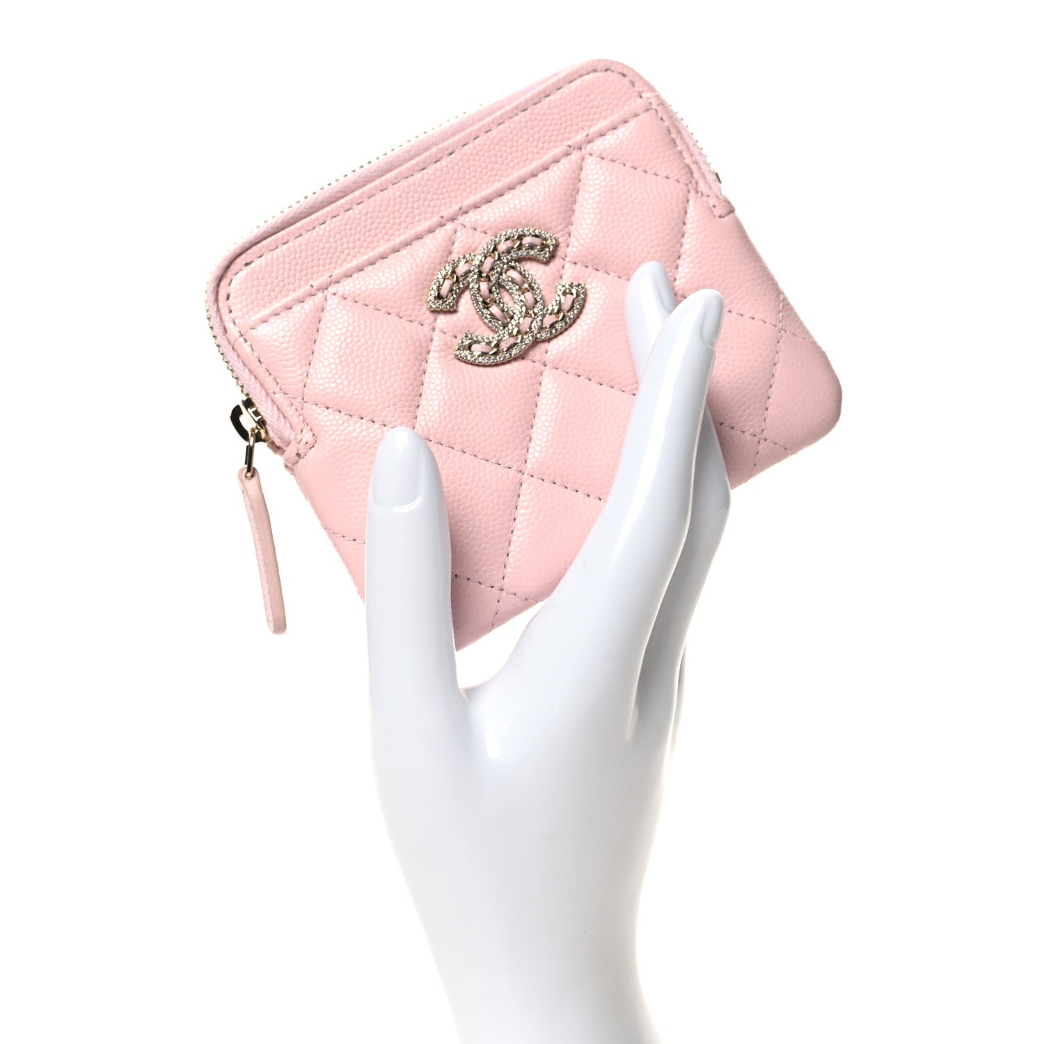 Chanel Caviar Quilted Crystal Zip Card Holder Wallet Light Pink 2 of 7