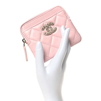 Chanel Caviar Quilted Crystal Zip Card Holder Wallet Light Pink 2 of 7