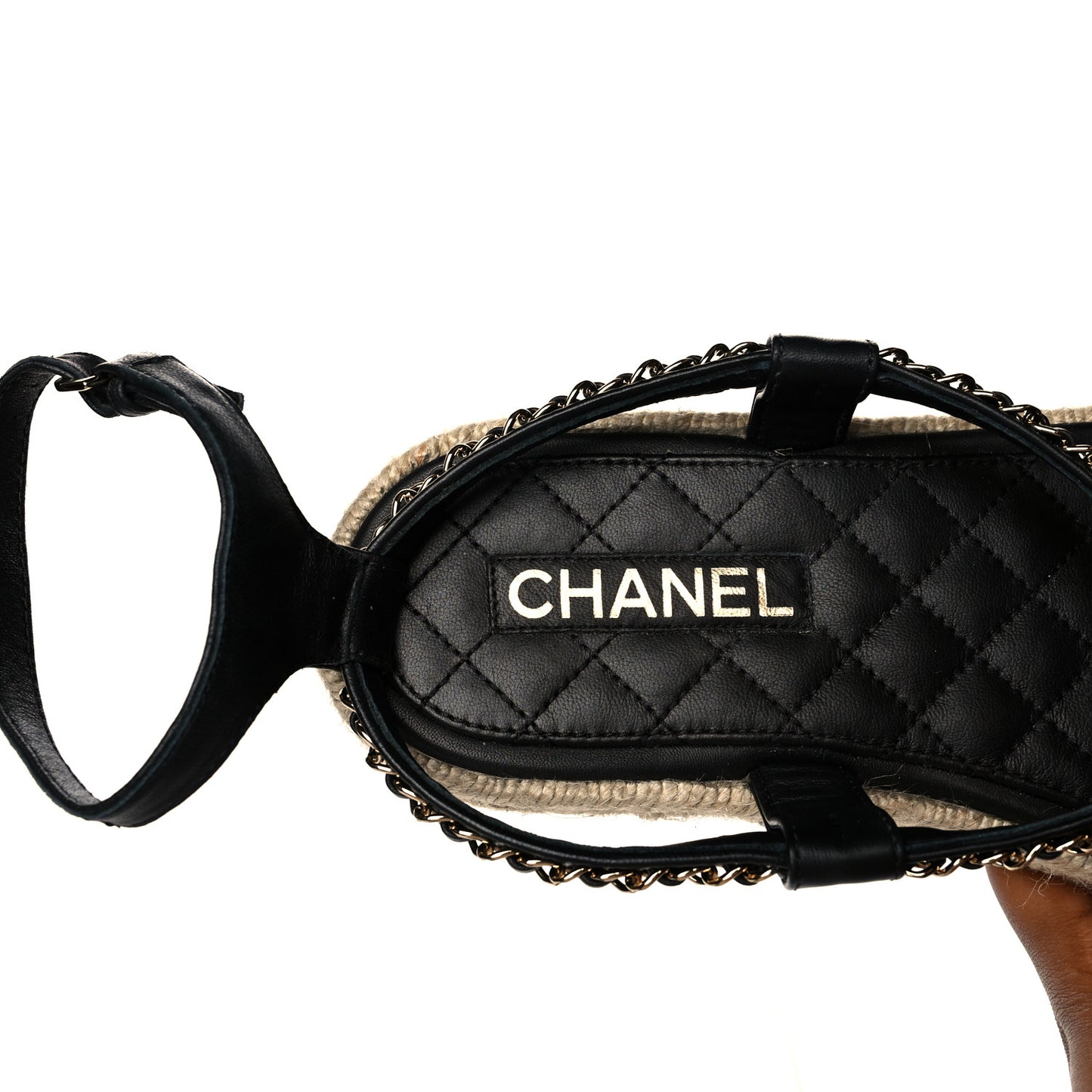 Lambskin Chain CC Thong Espadrille Sandals 38 Black