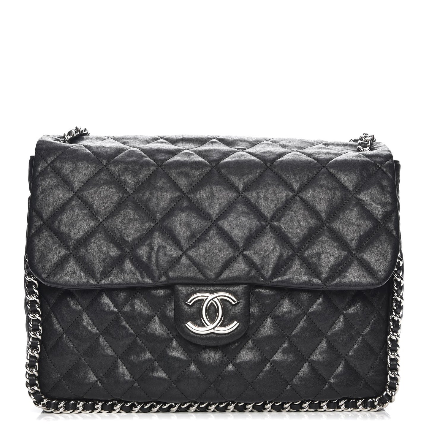 Washed Lambskin Quilted Maxi Chain Around Flap Black