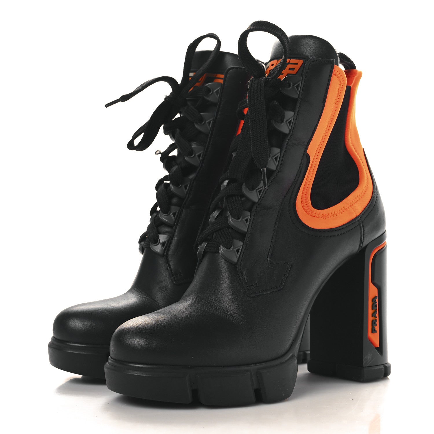 Prada Vitello Montana Neoprene Lace Up Chelsea 110mm Ankle Boots 38 Black Arancio 4 of 12