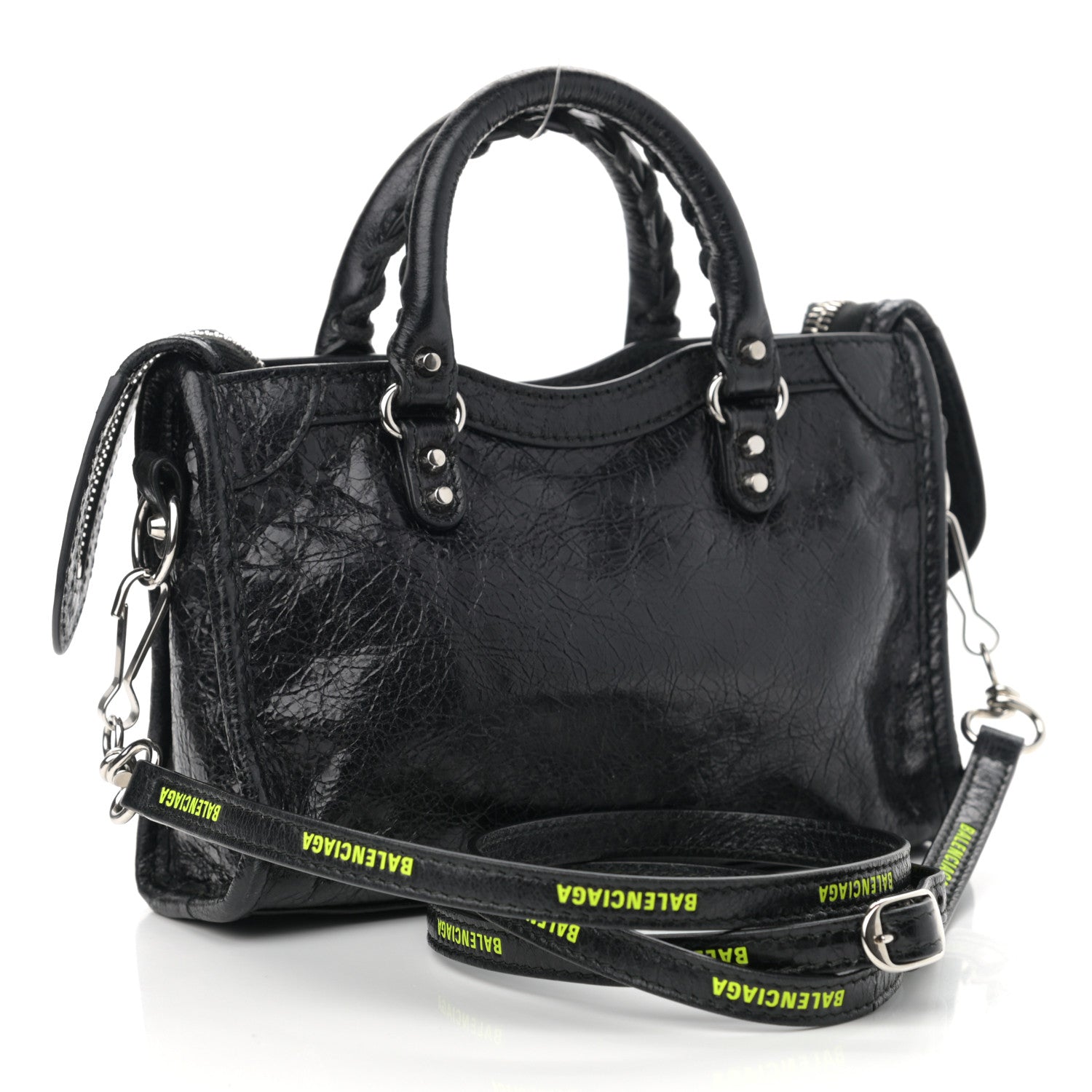 Balenciaga Agneau Classic Silver Hardware Nano City Logo Strap Black Fluo Yellow 3 of 10