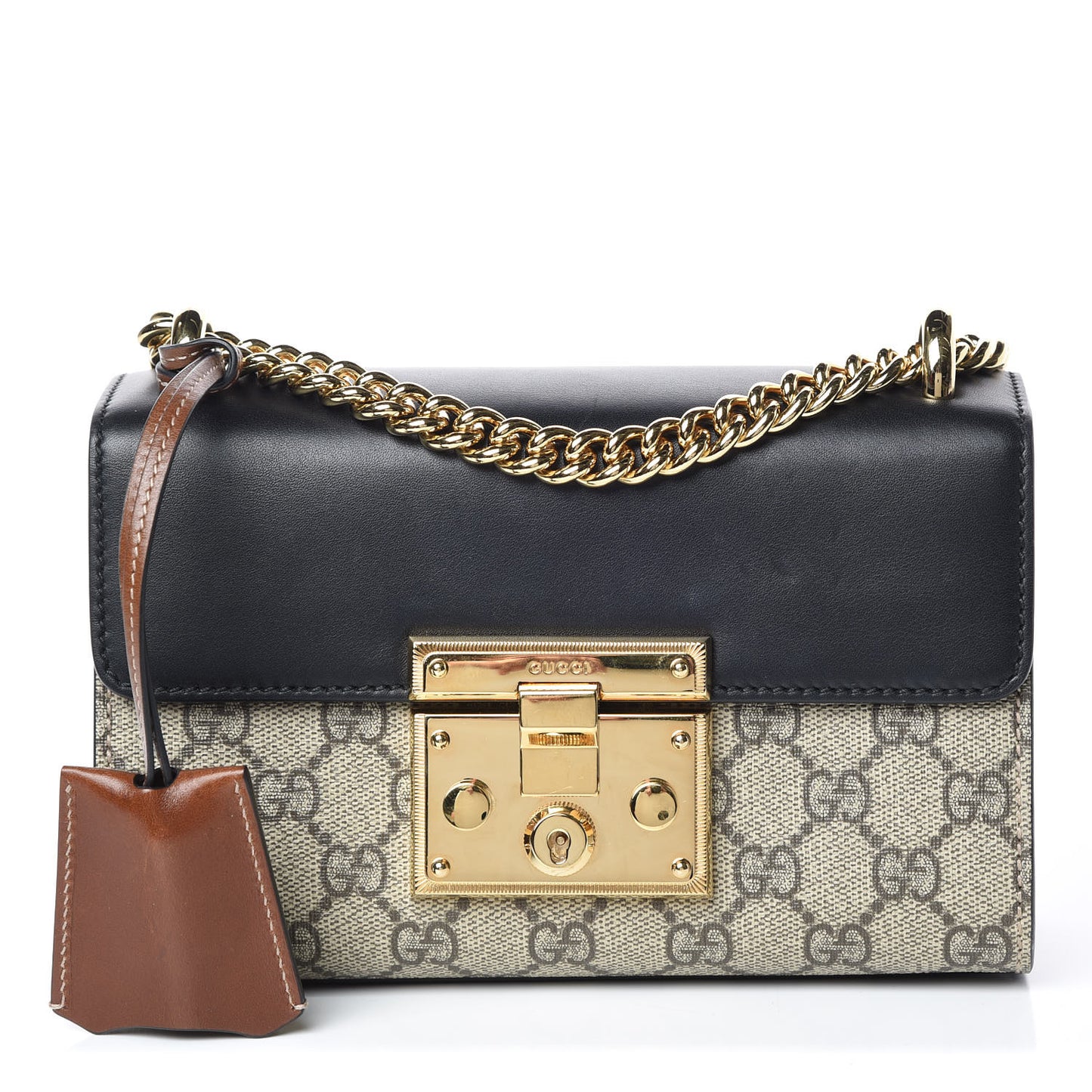 GG Supreme Monogram Calfskin Small Padlock Shoulder Bag Beige Black Cuir