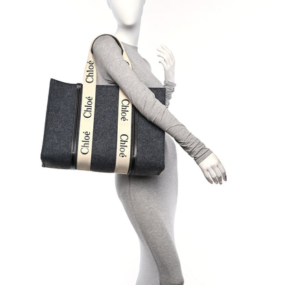 Chloe Felt Shiny Calfskin Large Woody Ribbon Tote Cashmere Gray 2 of 9