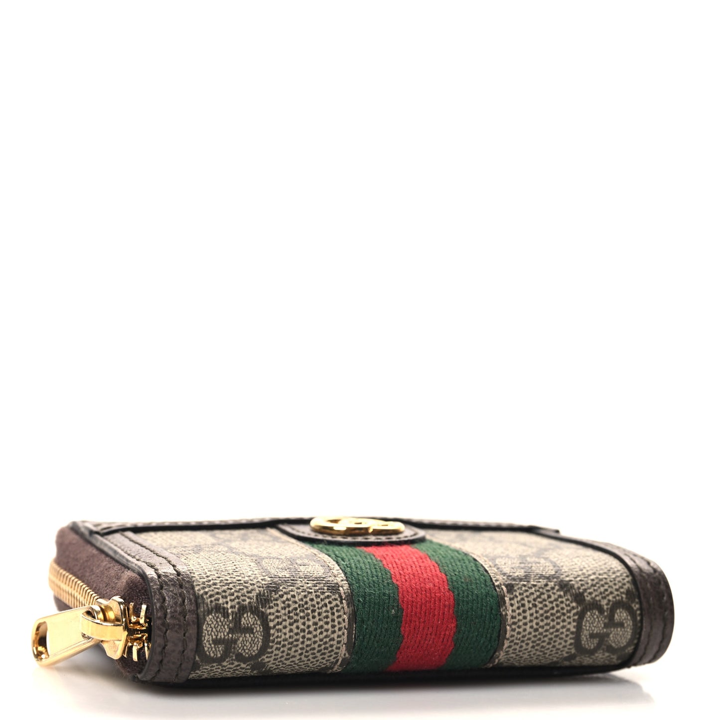 GG Supreme Monogram Textured Dollar Calfskin Web Ophidia Zip Around Card Case Wallet Beige Ebony New Acero
