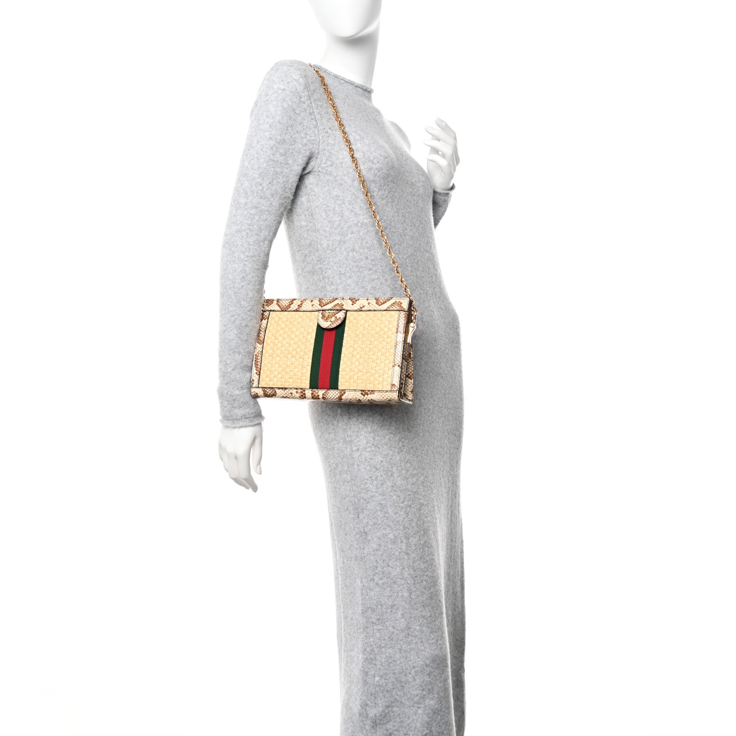 Gucci Raffia Elaphe GG Small Ophidia Chain Shoulder Bag Natural Cream Brown 2 of 10