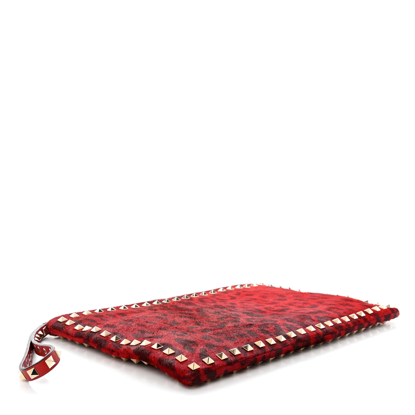 Pony Hair Leopard Print Rockstud Zip Clutch Red