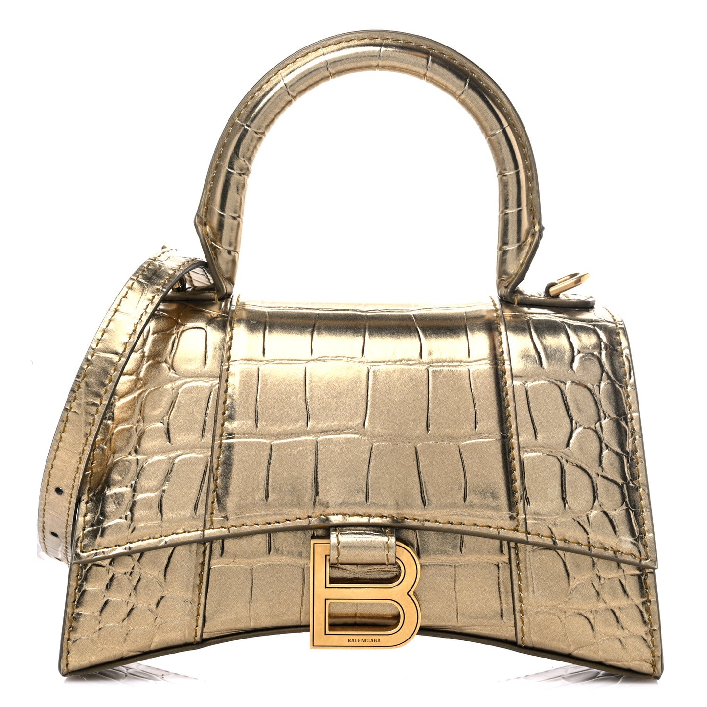 Metallic Calfskin Crocodile Embossed Hourglass Top Handle Bag XS Gold