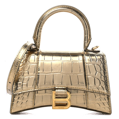 Balenciaga Metallic Calfskin Crocodile Embossed Hourglass Top Handle Bag XS Gold 1 of 17