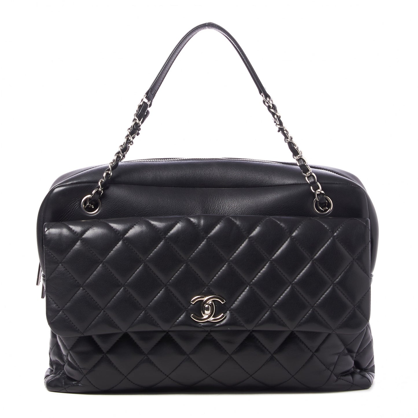 Lambskin Quilted Bowler Flap Shoulder Bag Black