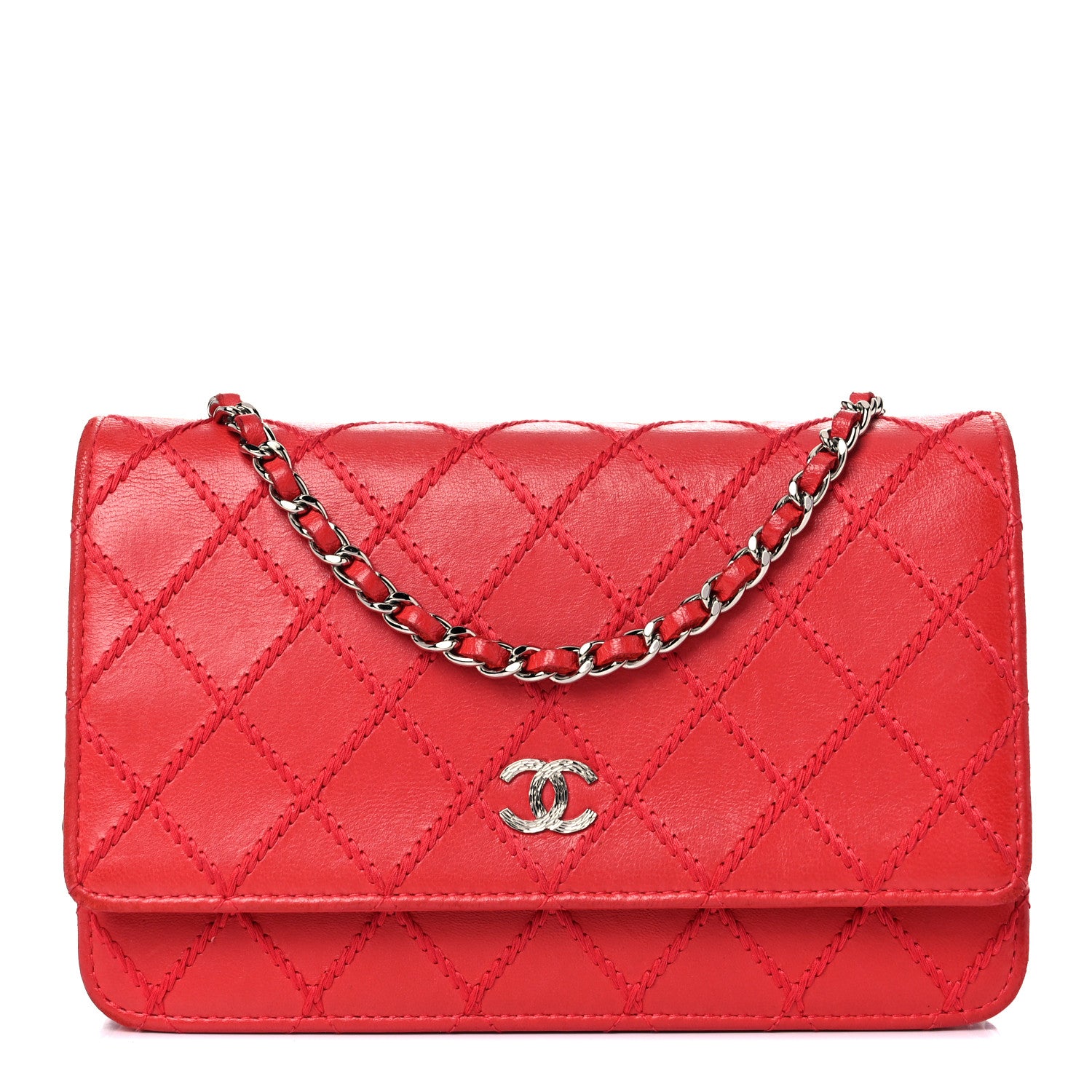 Chanel Calfskin Diamond Stitch Wallet On Chain WOC Red 1 of 17