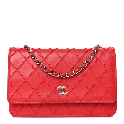 Chanel Calfskin Diamond Stitch Wallet On Chain WOC Red 1 of 17