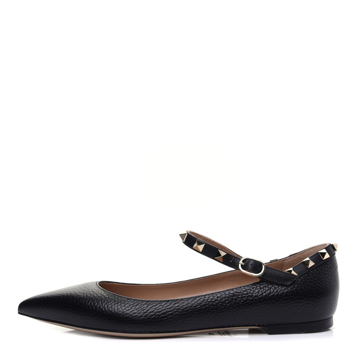 Pebbled Calfskin Rockstud Ankle Strap Ballerina Flats 38 Black