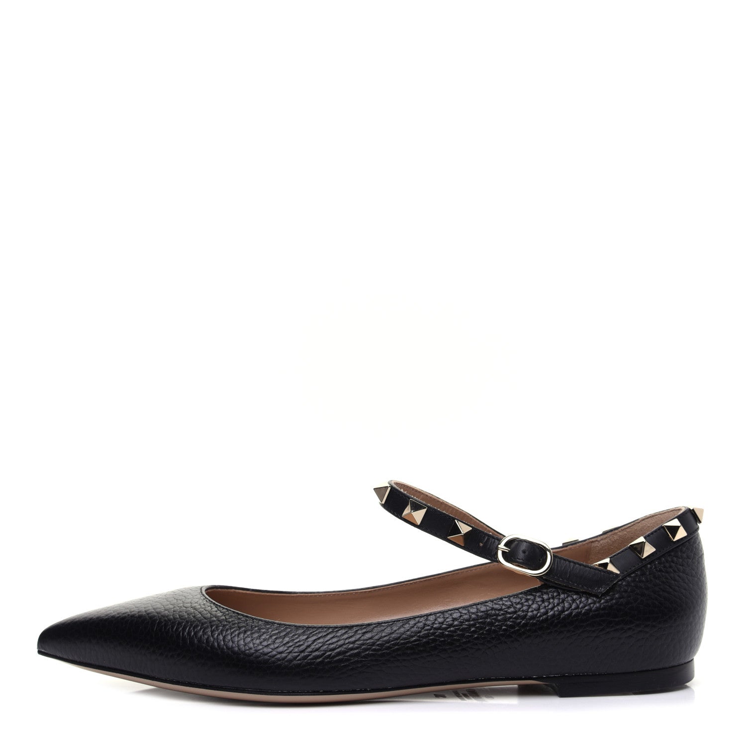 Valentino Garavani Pebbled Calfskin Rockstud Ankle Strap Ballerina Flats 38 Black 1 of 14