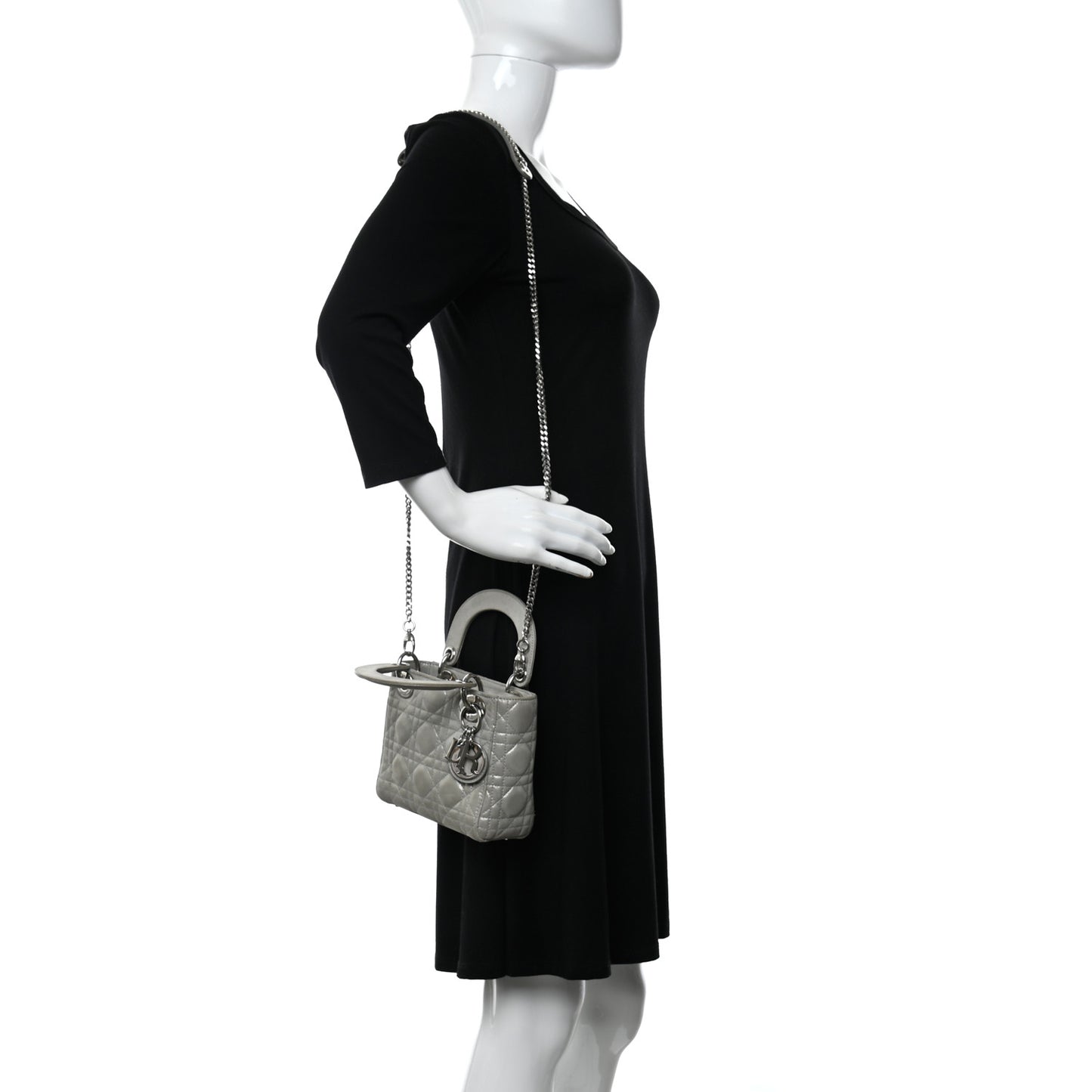 Metallic Lambskin Cannage Mini Lady Dior Grey