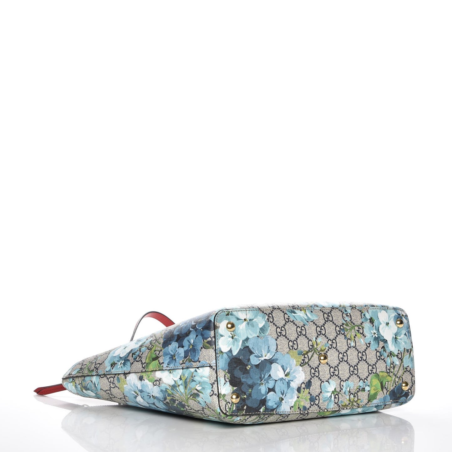 GG Supreme Monogram Blooms Medium Zippered Bucket Tote Beige Blue Navy Hibiscus Red