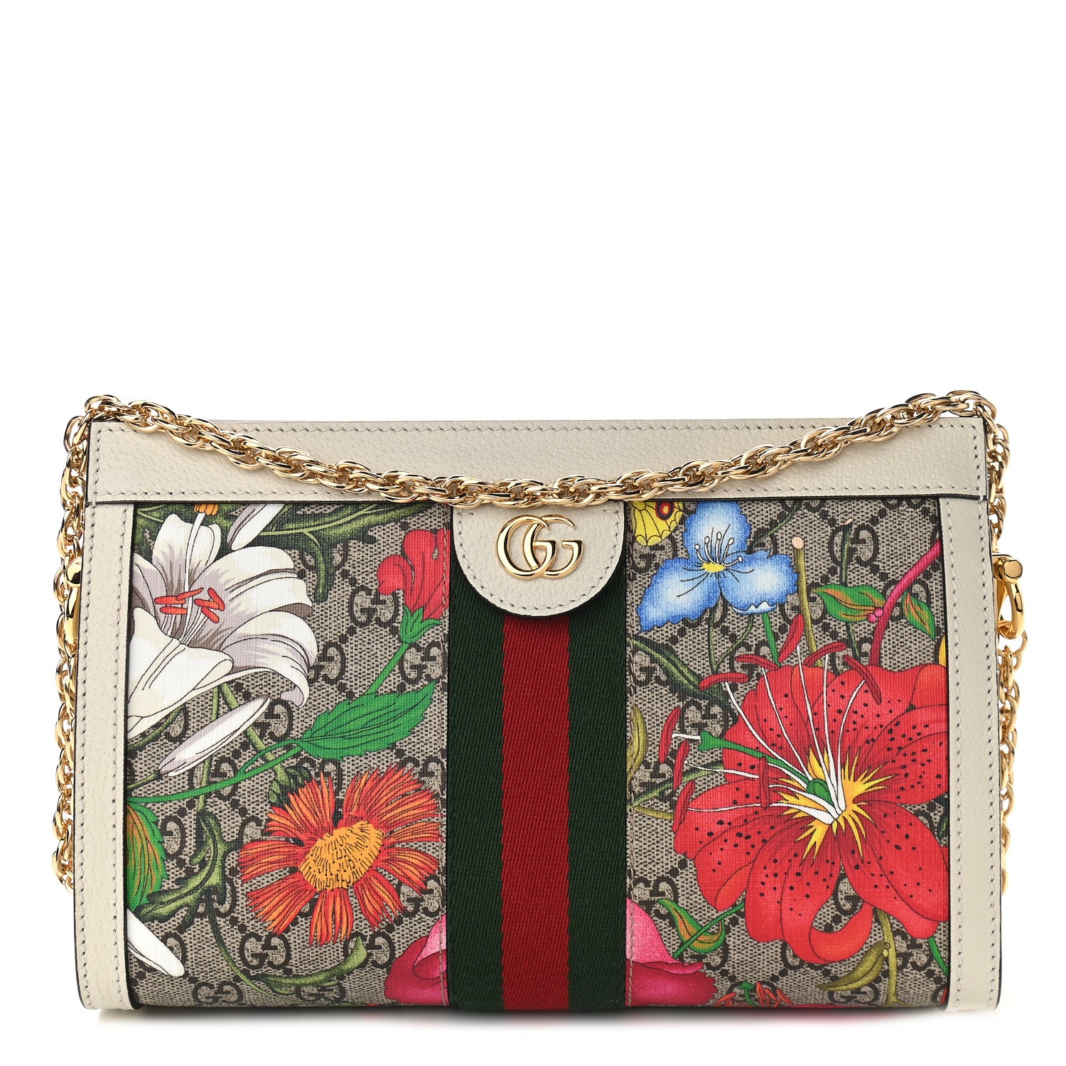 Gucci GG Supreme Monogram Flora Web Small Ophidia Chain Shoulder Bag White 1 of 9