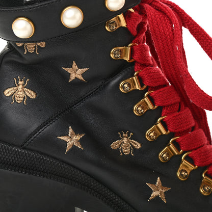 Gucci Calfskin Embroidered Lace Up Combat Ankle Boots 36 Black 9 of 14