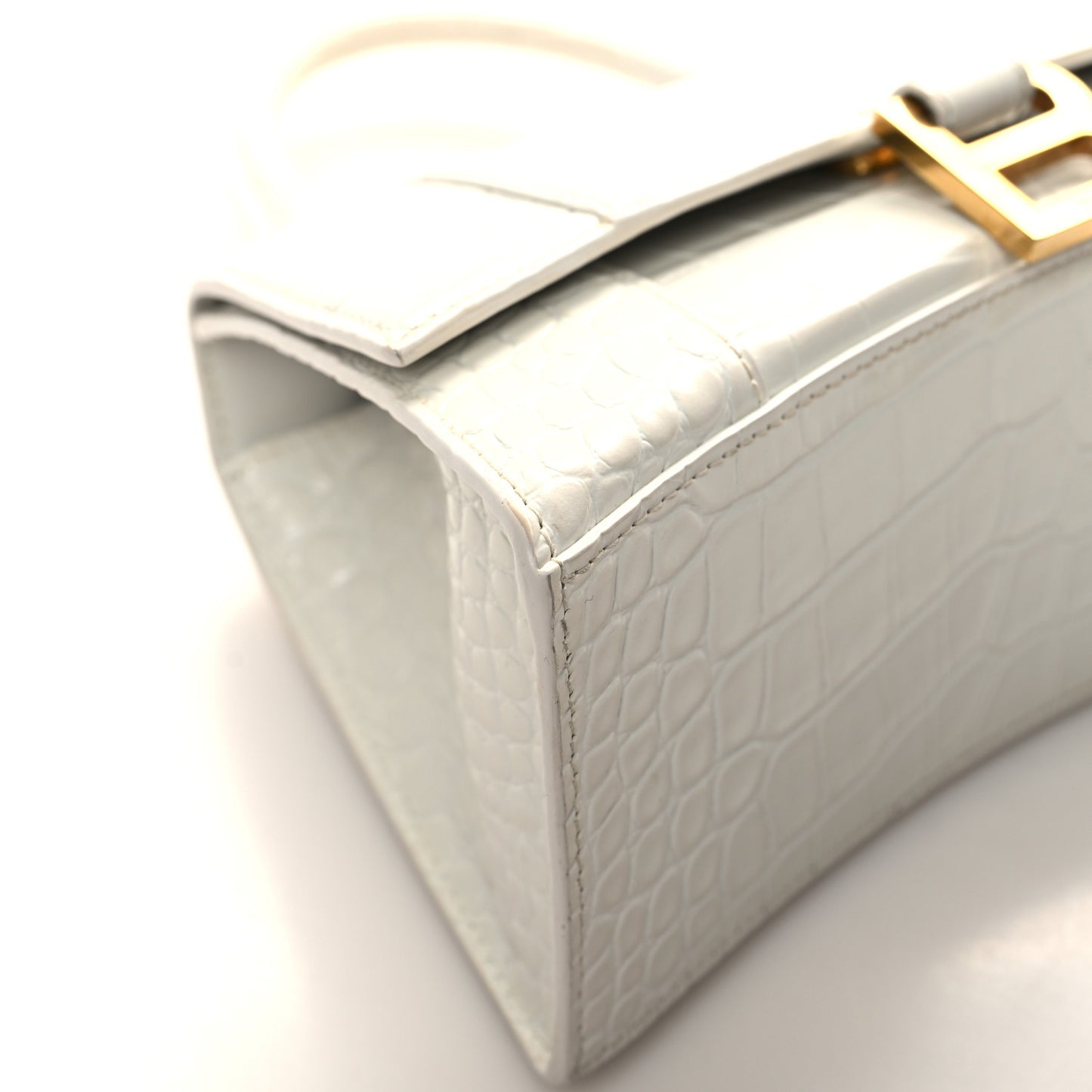 Shiny Calfskin Crocodile Embossed Small Hourglass Top Handle Bag White