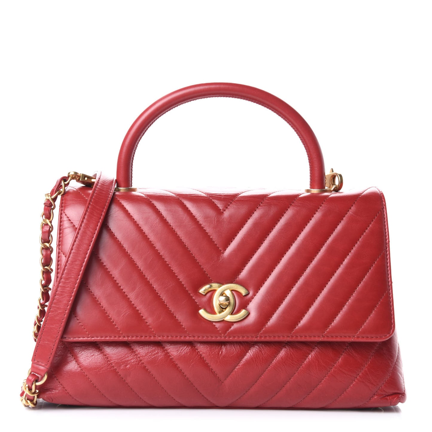 Calfskin Chevron Quilted Small Coco Handle Flap Red