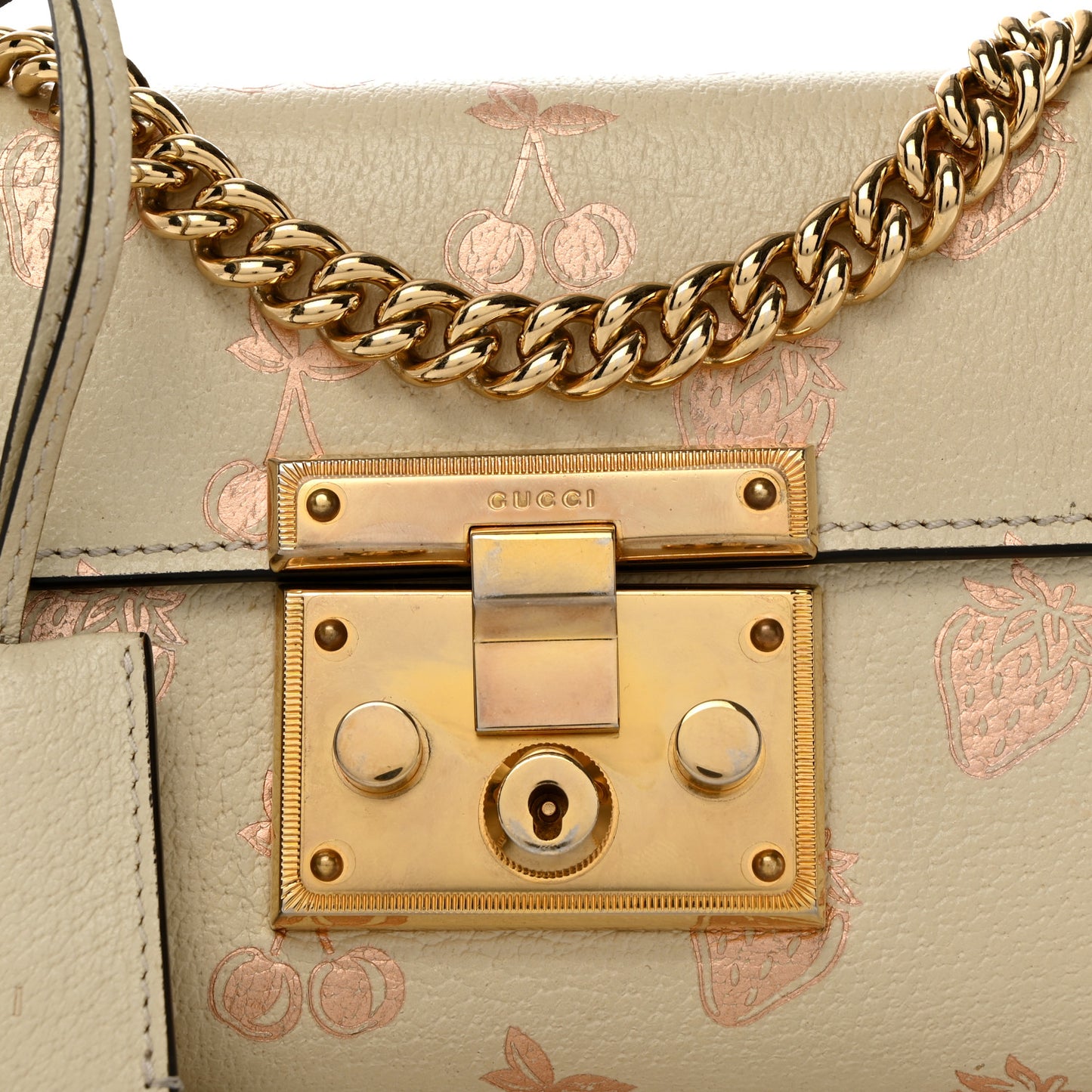 GG Supreme Monogram Strawberry Cherry Small Padlock Shoulder Bag Mystic White