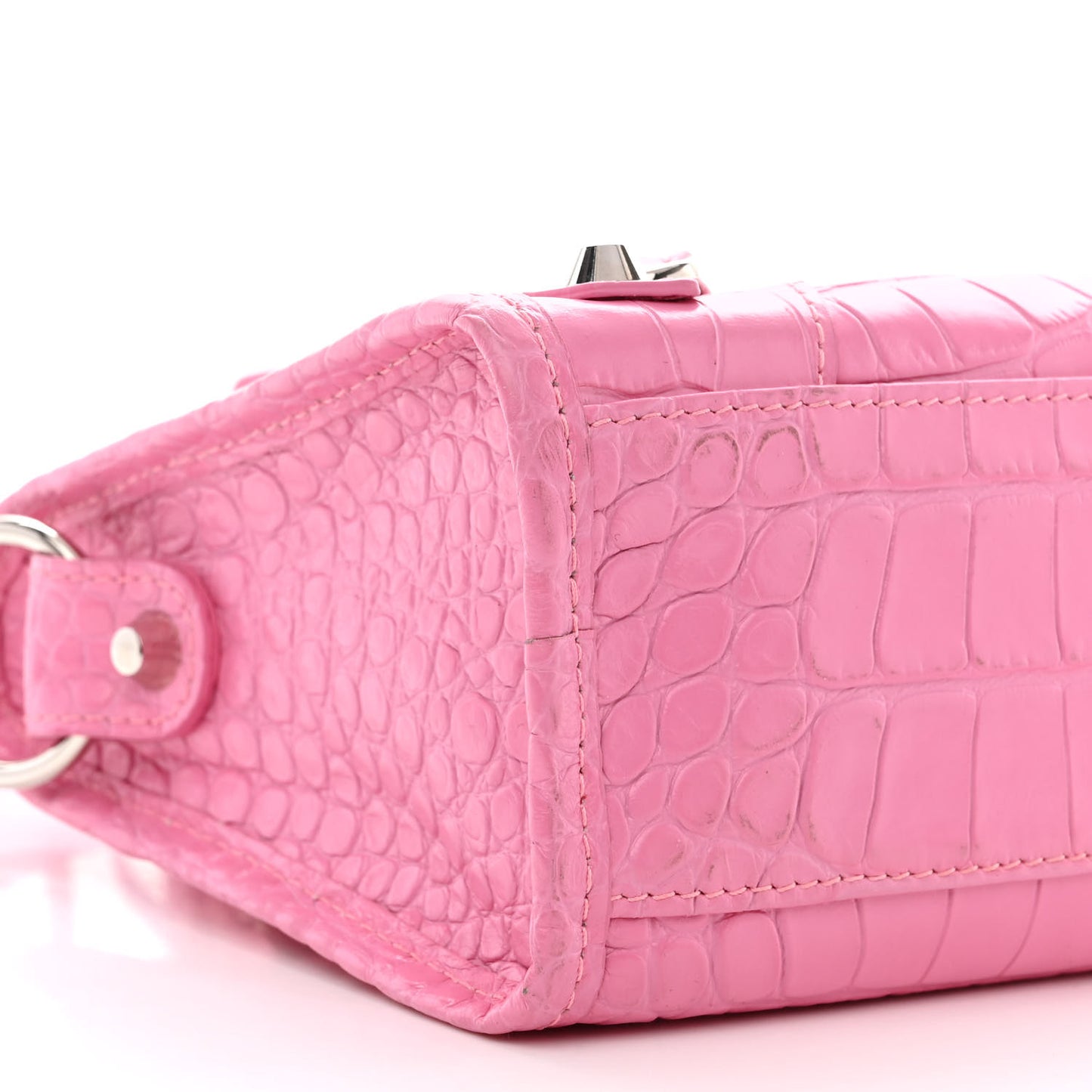Shiny Supple Calfskin Crocodile Embossed Classic Silver Hardware Mini City Baby Pink