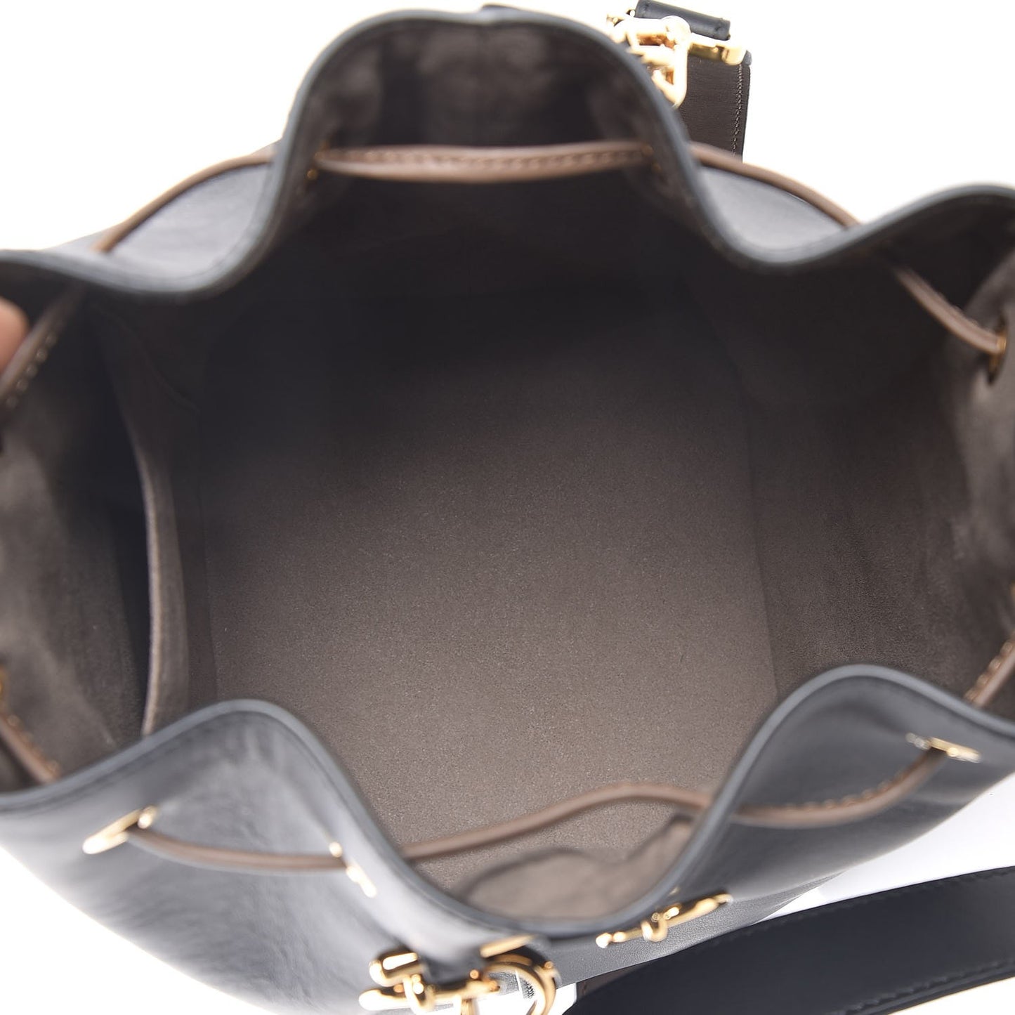 Vitello Century Matte F is Fendi Stamp Patch Bi-Color Grande Mon Tresor Bucket Bag Black Maya Fragola