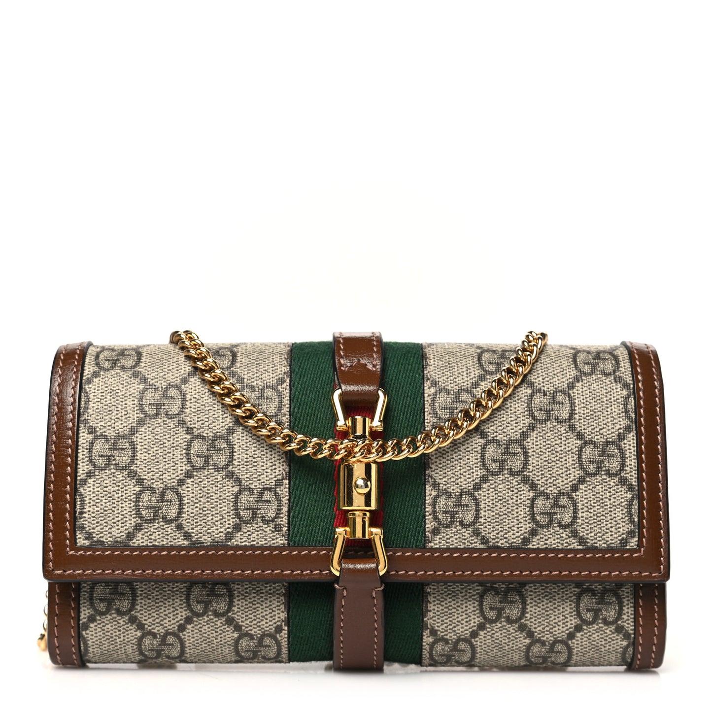 GG Supreme Monogram Azalea Calfskin Web Jackie 1961 Chain Wallet Beige Ebony Brown Sugar