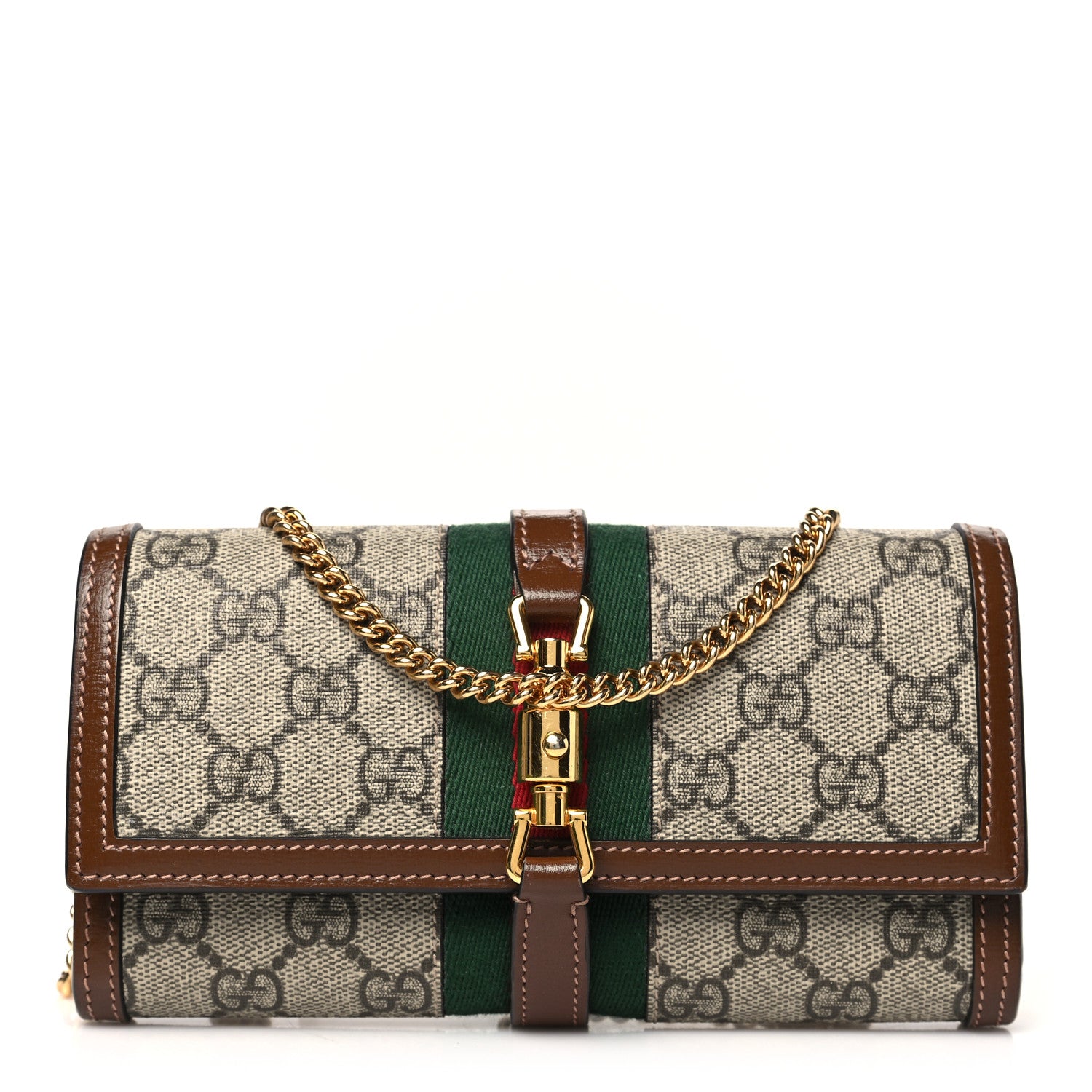 Gucci GG Supreme Monogram Azalea Calfskin Web Jackie 1961 Chain Wallet Beige Ebony Brown Sugar 1 of 11