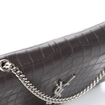 Saint Laurent Calfskin Crocodile Embossed Medium Classic Monogram Kate Tassel Satchel Earth Grey 10 of 11
