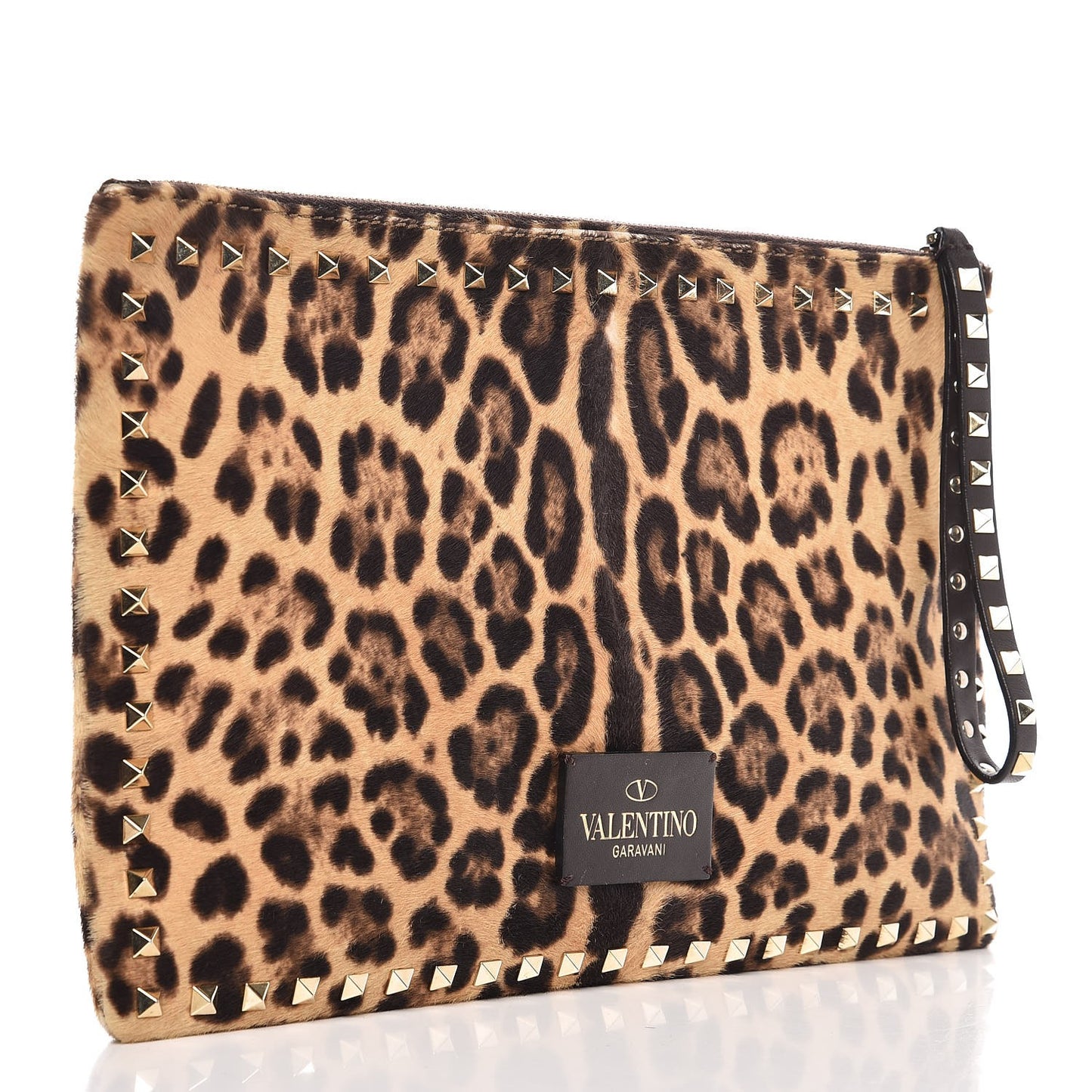 Calf Hair Leopard Print Rockstud Zip Wristlet Pouch Leopard