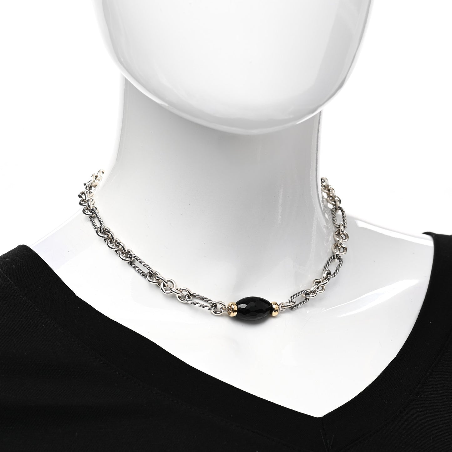 Sterling Silver 18K Yellow Gold Black Onyx Figaro Chain Station Necklace