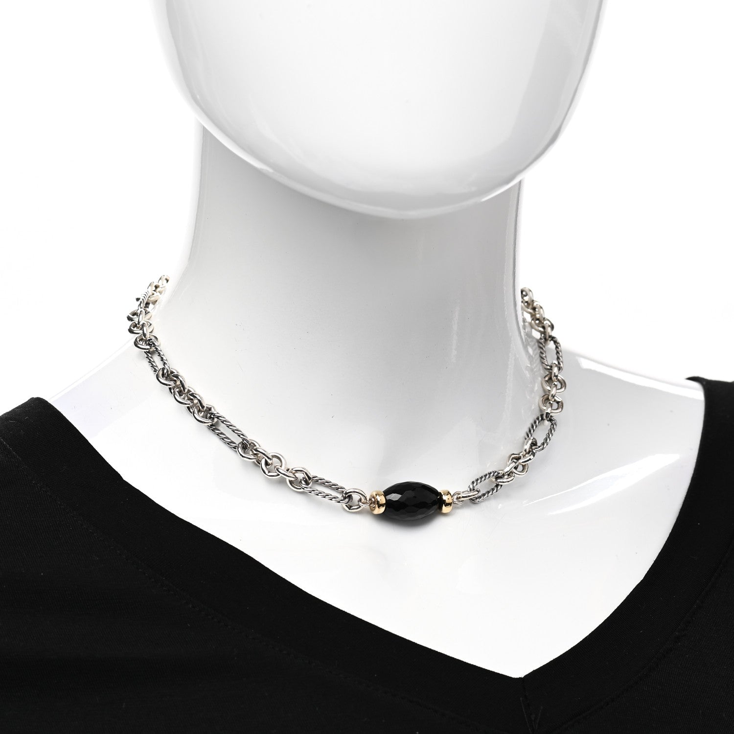 David Yurman Sterling Silver 18K Yellow Gold Black Onyx Figaro Chain Station Necklace 2 of 4