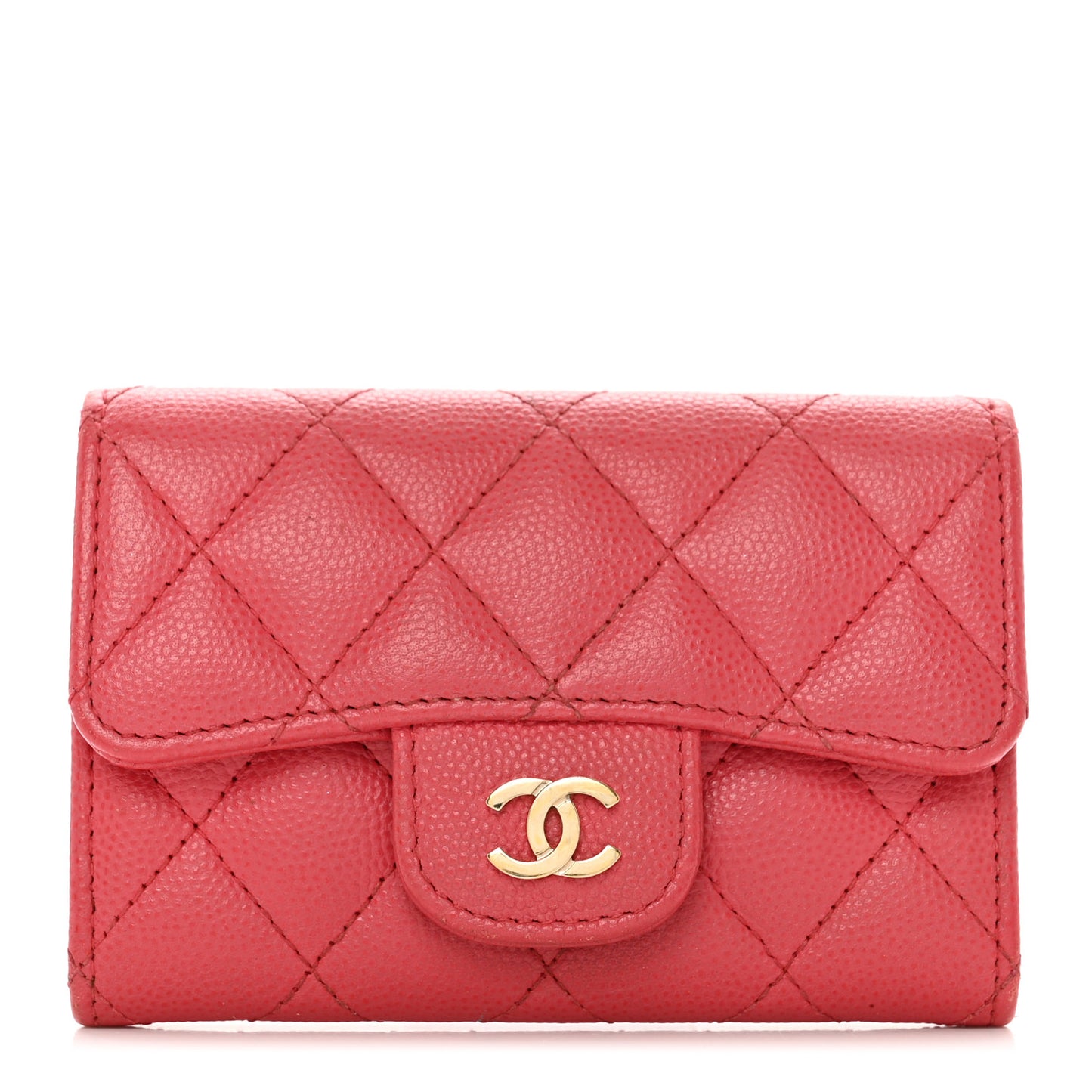 Caviar Quilted Flap Card Holder Wallet Dark Pink