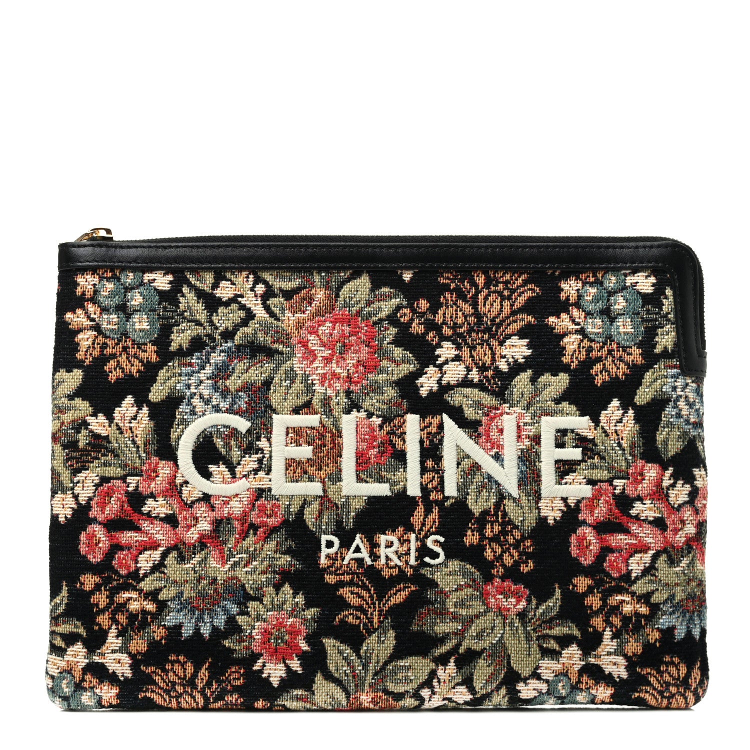 Celine Floral Jacquard Calfskin Small Tapestry Logo Pouch Black Multicolor 1 of 7