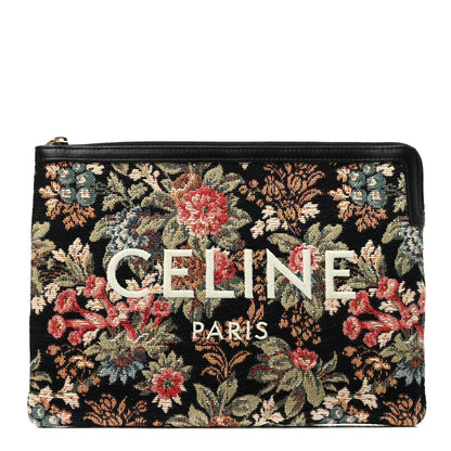 Celine Floral Jacquard Calfskin Small Tapestry Logo Pouch Black Multicolor 1 of 7