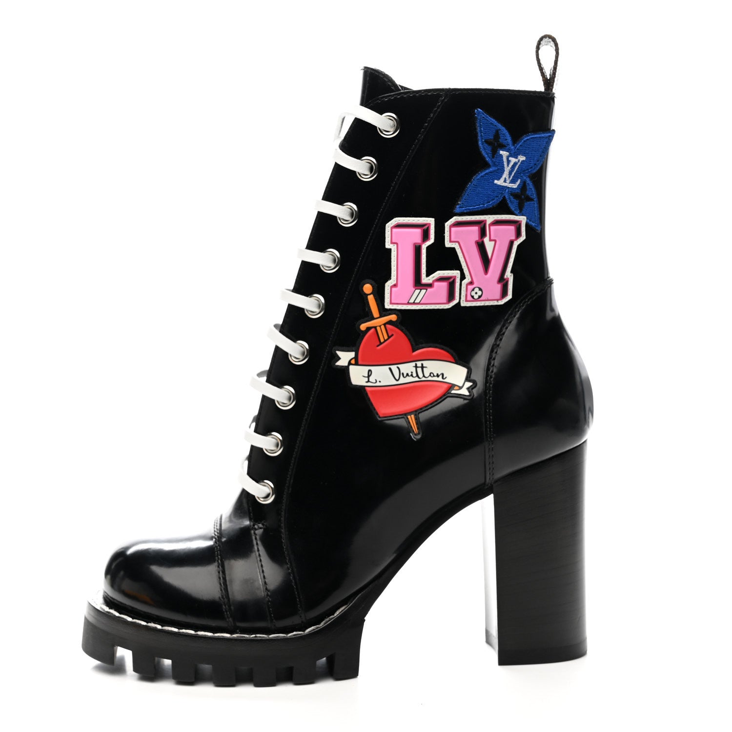 Louis Vuitton Patent Calfskin Monogram LV Black Heart Star Trail Ankle Boots 35 Black 1 of 9