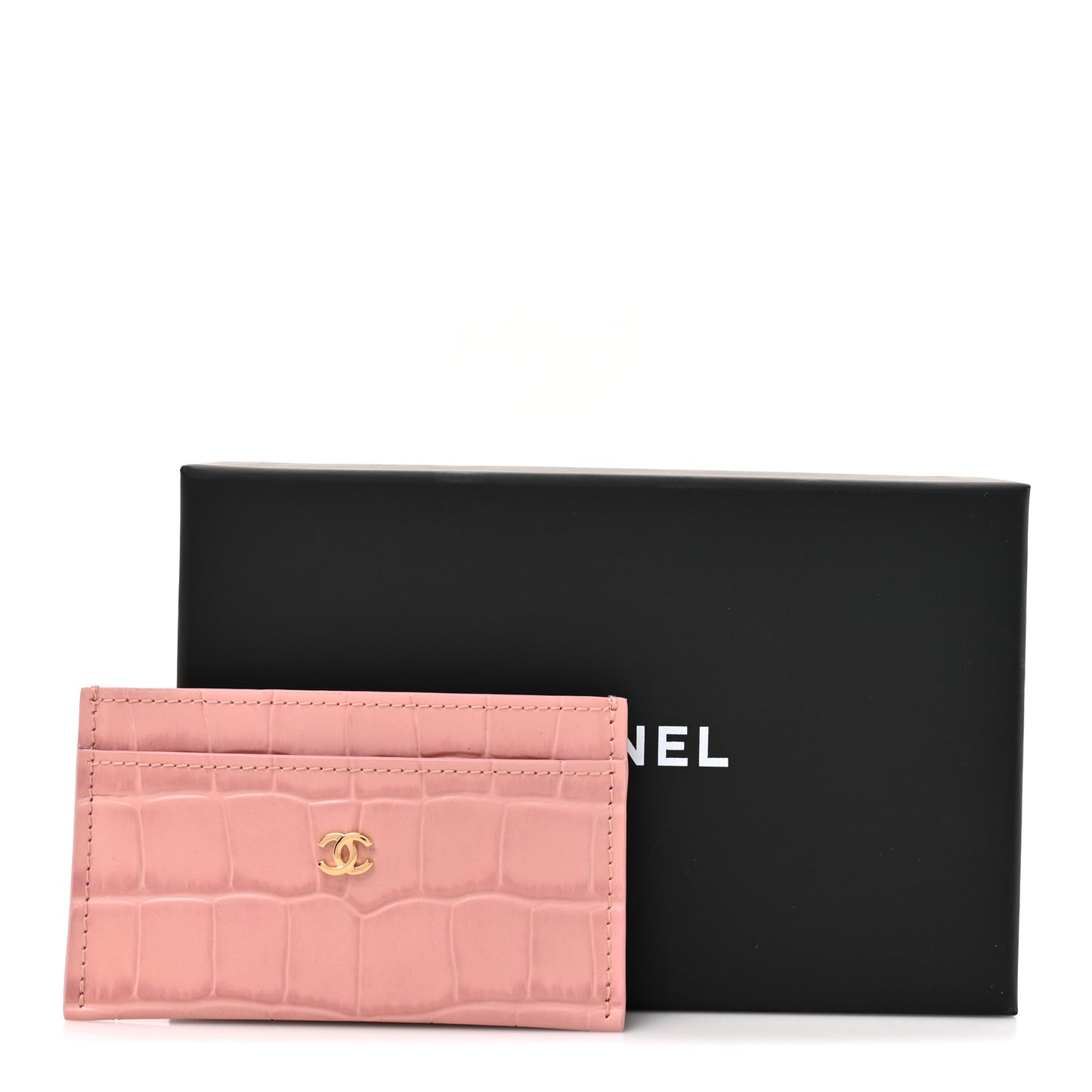 Calfskin Crocodile Embossed Crococo Card Holder Light Pink