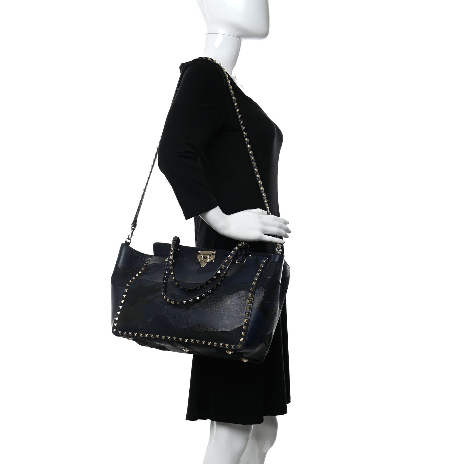 Valentino Garavani Nappa Canvas Camouflage Medium Rockstud Tote Marine 2 of 14