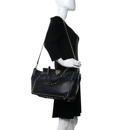 Valentino Garavani Nappa Canvas Camouflage Medium Rockstud Tote Marine 2 of 14