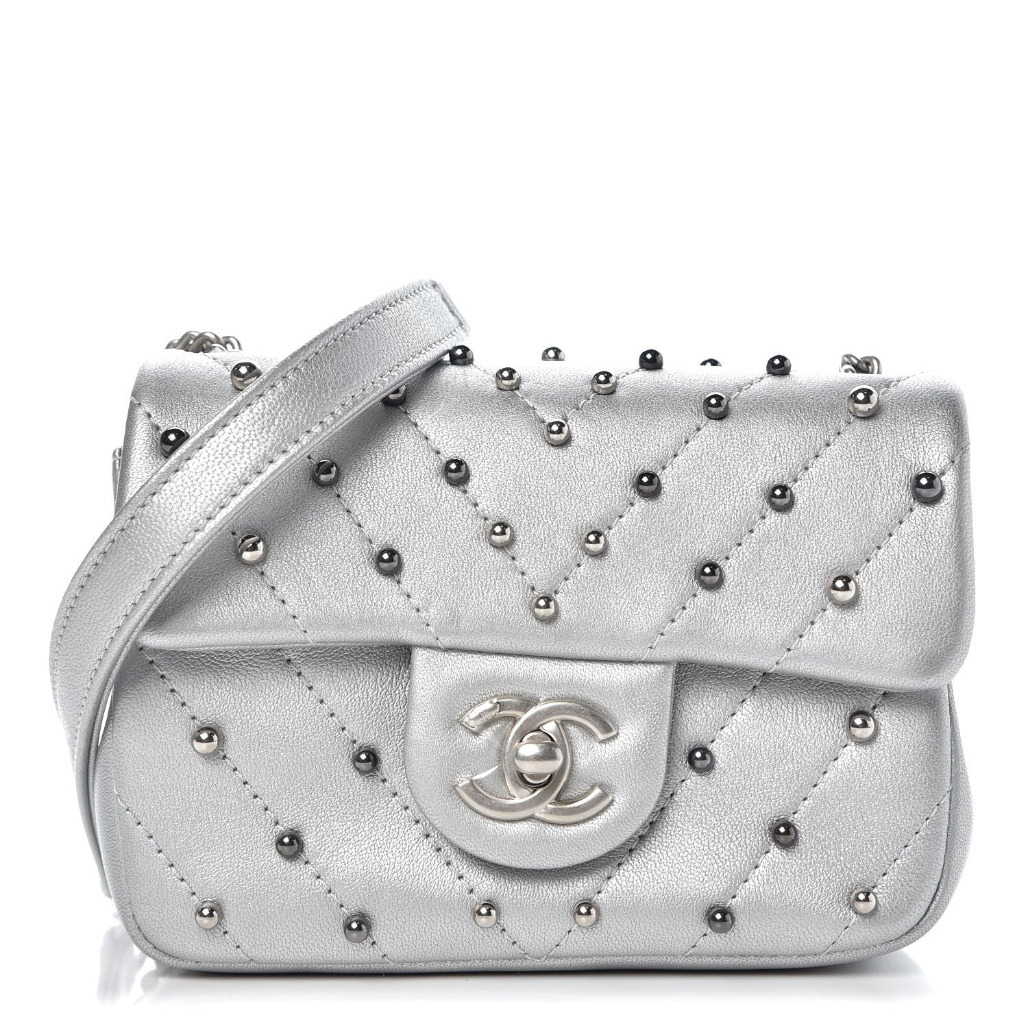 Chanel Metallic Lambskin Chevron Quilted Studded Mini Flap Silver 1 of 7
